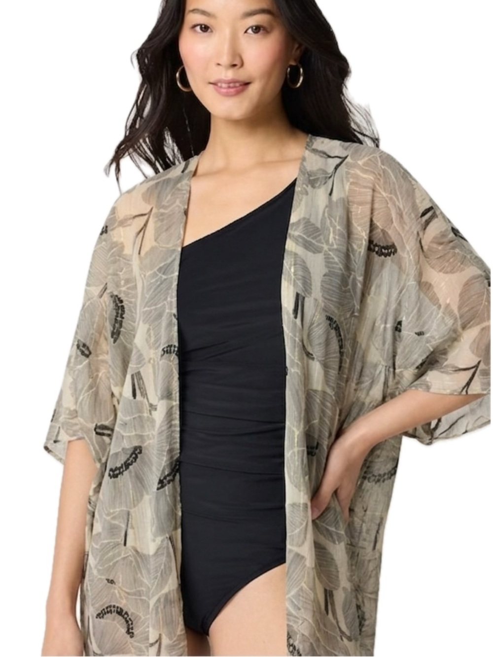 emory park Sheer Floral Gold Metallic Thread Kimono Top OS Beach Swim Cover Up